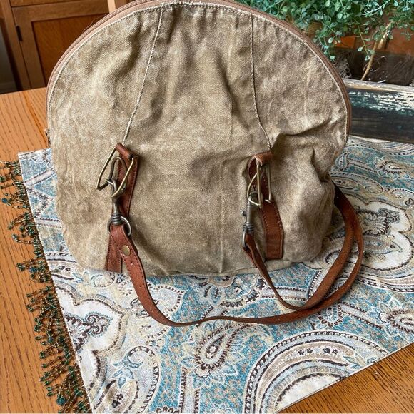 Mona B Convertible Backpack Bag Leather Cotton Canvas Bowling Tote Crinkle